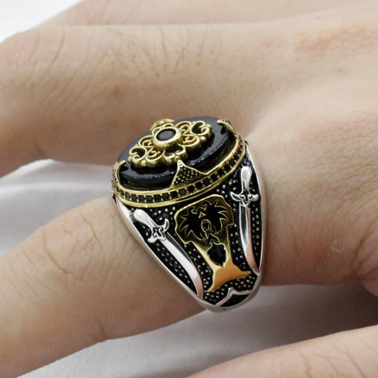 Anillo de plata 925 con ágata Natural para hombre, joyería Retro turca de árbol de coco, Machete de Oriente Medio, exquisito, dos colores - malaquita tienda 36