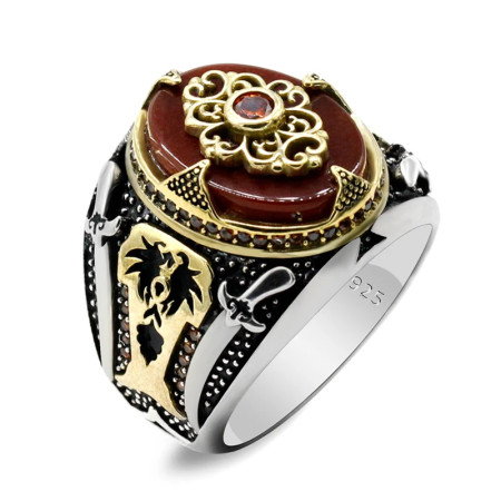 Anillo de plata 925 para hombre, con ágata roja Natural impresa, Machete de Oriente Medio, árbol de coco, anillo turco Retro, joyería Anillo de plata 925 para hombre, con ágata roja Natural impresa, Machete de Oriente Medio, árbol de coco, anillo turco Retro, joyería