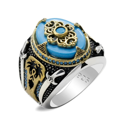 Anillo de plata de ley S925 para hombre, redondo turquesa, tgürkiye, hecho a mano, Retro, Punk, joyería de moda, uso diario, regalo del Día del Padre Anillo de plata de ley S925 para hombre, redondo turquesa, tgürkiye, hecho a mano, Retro, Punk, joyería de moda, uso diario, regalo del Día del Padre