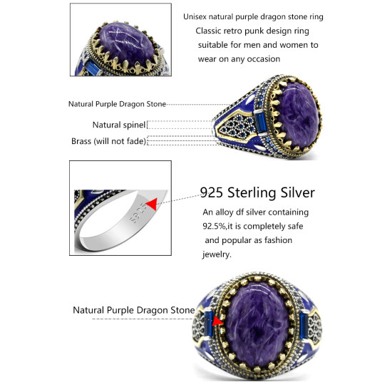 Anillo de plata pura s925 para hombre, piedra de dragón púrpura Natural, moda Retro, regalo hecho a mano, joyería para Festival, regalo de fiesta - malaquita tienda 36