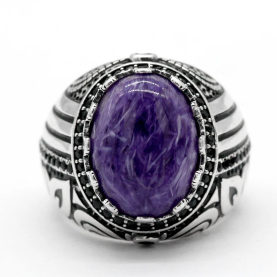 Anillo de plata 925 con piedra de dragón púrpura Natural para hombre, joyería Retro de Rock, sello turco hecho a mano, regalo de fiesta - malaquita tienda 36