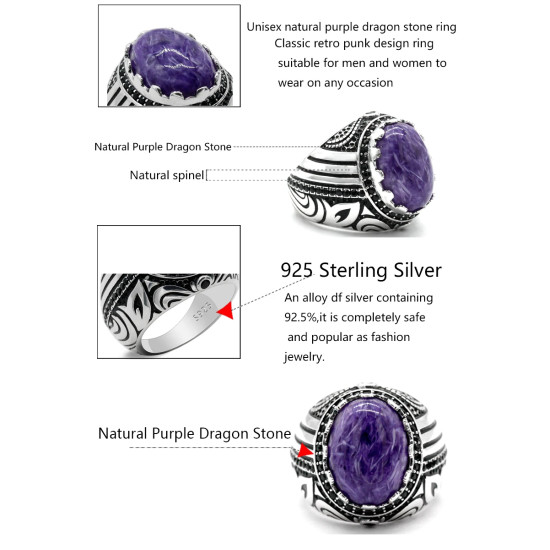 Anillo de plata 925 con piedra de dragón púrpura Natural para hombre, joyería Retro de Rock, sello turco hecho a mano, regalo de fiesta - malaquita tienda 36