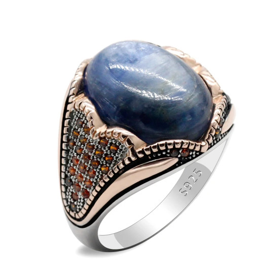Anillo de Plata de Ley 925 para hombre, sortija, oro rosa, cianita Natural, tendencia turca, Rock, regalo de Navidad - malaquita tienda 36