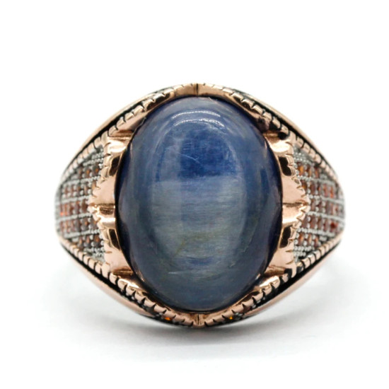 Anillo de Plata de Ley 925 para hombre, sortija, oro rosa, cianita Natural, tendencia turca, Rock, regalo de Navidad - malaquita tienda 36