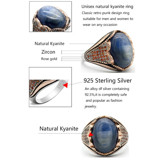 Anillo de Plata de Ley 925 para hombre, sortija, oro rosa, cianita Natural, tendencia turca, Rock, regalo de Navidad - malaquita tienda 36