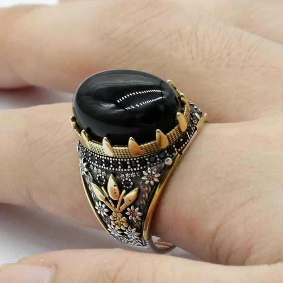 Anillo de Plata de Ley 925 de ágata Natural para hombre, con estampado de pata, hermoso poder, anillo turco Retro hecho a mano para amigos - malaquita tienda 36