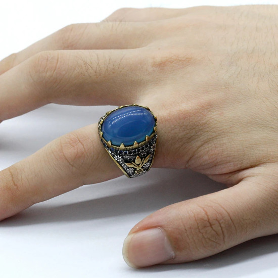 Anillo de Plata de Ley 925 para hombre, con estampado de ágata Natural ovalada, Retro, moda turca, regalos de joyería para fiesta - malaquita tienda 36