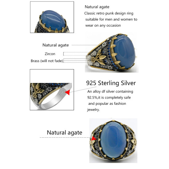 Anillo de Plata de Ley 925 para hombre, con estampado de ágata Natural ovalada, Retro, moda turca, regalos de joyería para fiesta - malaquita tienda 36