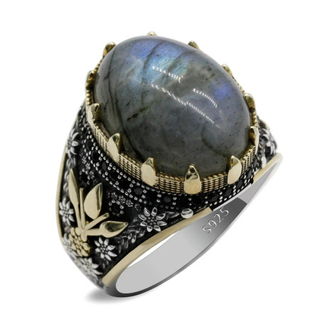 Anillo de boda turco hecho a mano con labradorita Natural para hombre, joyería de plata de ley 925 con estampado de pata, diseño de tendencia Retro