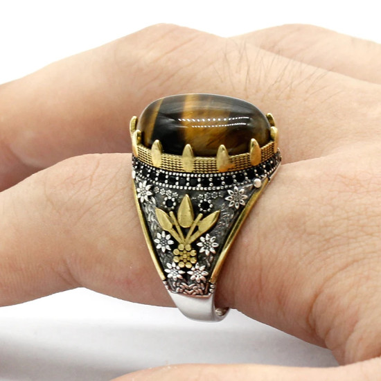 Anillo de piedra de ojo de tigre Natural para hombre, Plata de Ley 925, Vintage, elegante, joyería Premium - malaquita tienda 36