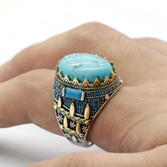 Anillo de Plata de Ley 925 turquesa Ovalada para hombre, garra de anillo con diseño de ajuste, anillo de joyería con piedra preciosa - malaquita tienda 36