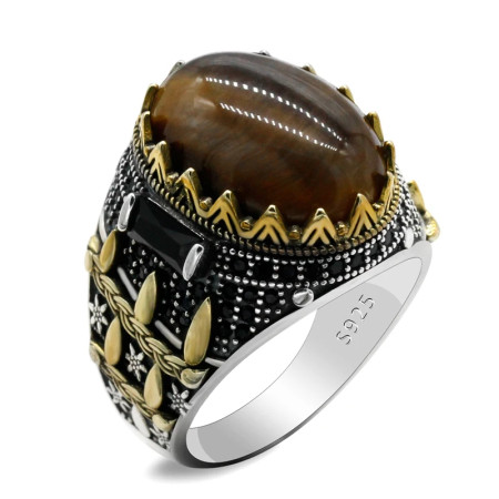 Anillo de plata s925 con ojo de tigre Natural para hombre y mujer, conjunto de joyería Vintage a la moda, novedad Anillo de plata s925 con ojo de tigre Natural para hombre y mujer, conjunto de joyería Vintage a la moda, novedad