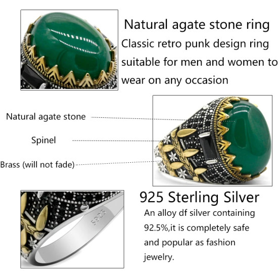Anillo hecho a mano de ágata verde Natural para hombre, joyería de plata estilo punk s925, anillo de regalo para fiesta de amigos - malaquita tienda 36
