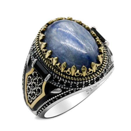 Anillo de joyería de estilo Punk turco para hombre con cianita Natural azul cielo, anillo de esmalte de circonia cúbica Retro de Plata de Ley 925, regalos para hombres y mujeres
