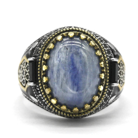 Anillo de joyería de estilo Punk turco para hombre con cianita Natural azul cielo, anillo de esmalte de circonia cúbica Retro de Plata de Ley 925, regalos para hombres y mujeres