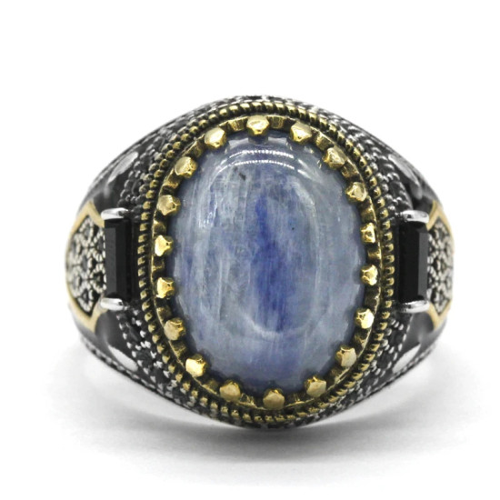 Anillo de joyería de estilo Punk turco para hombre con cianita Natural azul cielo, anillo de esmalte de circonia cúbica Retro de Plata de Ley 925, regalos para hombres y mujeres - malaquita tienda 36