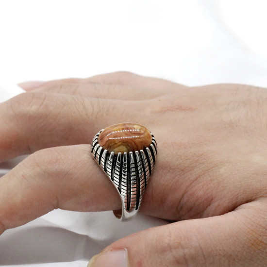 925 de plata esterlina Simple personalidad Natural de ágata loco de piedra de los hombres y las mujeres anillos de tendencia Retro turco de los hombres anillos de boda - malaquita tienda 36