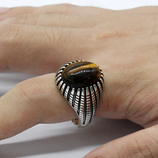 Anillo de Plata de Ley 925 pura para hombre, piedra de ojo de tigre Natural, sencillo, clásico, elegante, hecho a mano, joyería exquisita, regalo - malaquita tienda 36