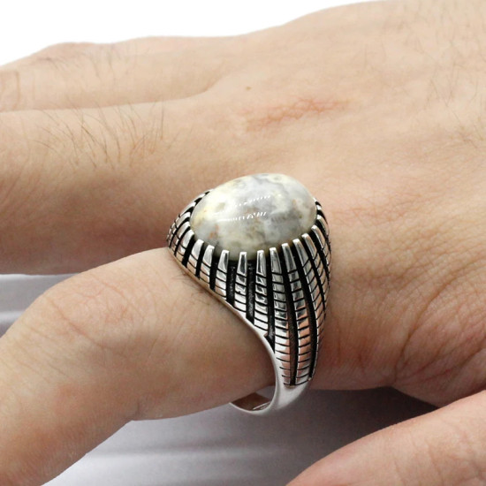Anillo de piedra de ágata loca Natural para hombres y mujeres, diseño clásico de estilo Punk, anillo turco de ágata de Plata de Ley 925, regalo de joyería para hombres - malaquita tienda 36