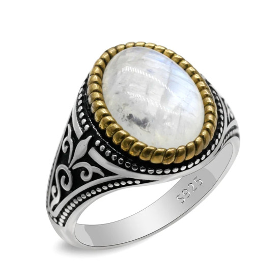 Anillo de plata de ley S925 con piedra lunar Natural para hombre, joyería hecha a mano, regalo de Festival - malaquita tienda 36