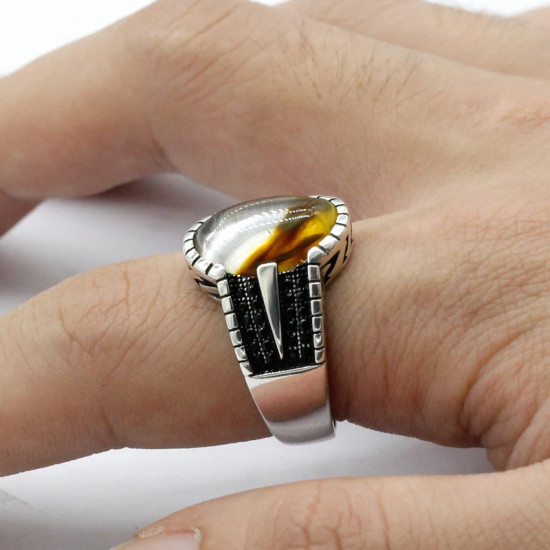 Anillo de plata de ley s925 con piedra Natural, estilo Punk turco, moda Retro, anillos de boda clásicos para hombres y mujeres - malaquita tienda 36