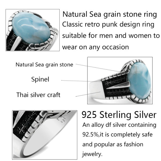 Anillo de plata de ley S925 para hombre y mujer, piedra con patrón de mar Natural, estilo Punk turco, clásico, regalo - malaquita tienda 36