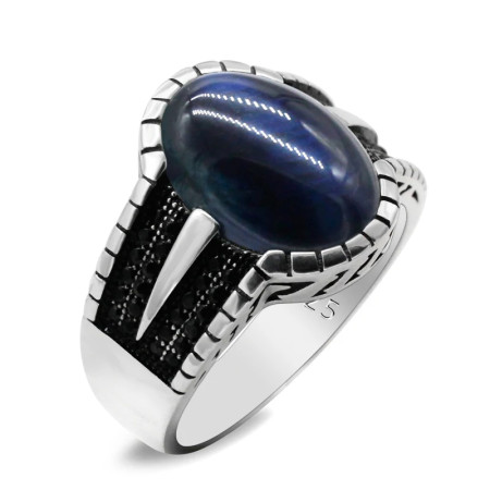 Anillo de plata de ley S925, Ojo de tigre azul Natural, regalo hecho a mano, estilo Punk, exquisito Anillo de plata de ley S925, Ojo de tigre azul Natural, regalo hecho a mano, estilo Punk, exquisito