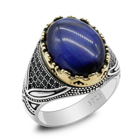 Anillo de Plata de Ley 925 con piedra de ojo de tigre azul Natural para hombre y mujer, diseño de tendencia hecho a mano, joyería exquisita Punk