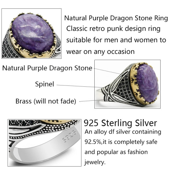 Nuevo Anillo de Plata de Ley 925 para hombres y mujeres con piedra de dragón púrpura Natural, diseño de tendencia turco hecho a mano, joyería exquisita Punk - malaquita tienda 36