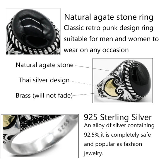 Anillo de plata esterlina 925 para hombre y mujer, con piedra de ágata Natural, alas clásicas de estilo Punk turco, joyería exquisita para hombre y mujer - malaquita tienda 36