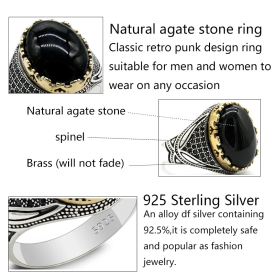 Nuevo Anillo de Plata de Ley 925 para hombres y mujeres con piedra de ágata Natural, diseño de tendencia turco hecho a mano, joyería exquisita Punk - malaquita tienda 36