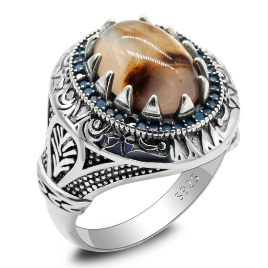 Anillo de piedra de ágata oceánica Natural para hombre, Plata de Ley 925 con piedras preciosas azules, estilo Punk turco Retro, anillo hecho a mano, joyería para hombre - malaquita tienda 36