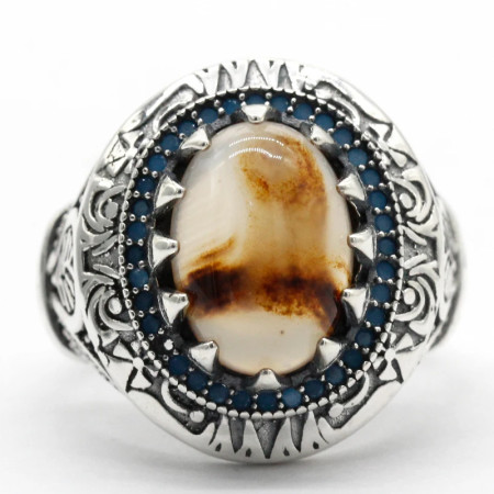 Anillo de piedra de ágata oceánica Natural para hombre, Plata de Ley 925 con piedras preciosas azules, estilo Punk turco Retro, anillo hecho a mano, joyería para hombre Anillo de piedra de ágata oceánica Natural para hombre, Plata de Ley 925 con piedras preciosas azules, estilo Punk turco Retro, anillo hecho a mano, joyería para hombre