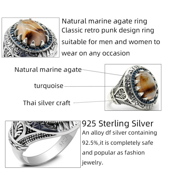 Anillo de piedra de ágata oceánica Natural para hombre, Plata de Ley 925 con piedras preciosas azules, estilo Punk turco Retro, anillo hecho a mano, joyería para hombre - malaquita tienda 36