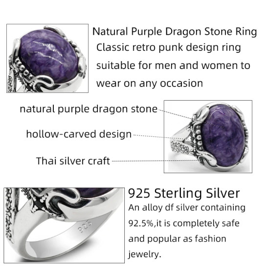 Anillo de Plata de Ley 925 para hombre y mujer, anillo con piedra de dragón púrpura Natural, Plata tailandesa Simple, diseños de joyería turca para hombre y mujer - malaquita tienda 36