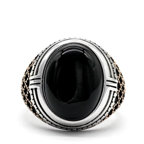 Anillo de Plata de Ley 925 para hombre, anillo clásico de Turquía, Vintage, piedra de ónix negro Natural, anillo de piedra grande para hombre, anillo de plata con piedra - malaquita tienda 36
