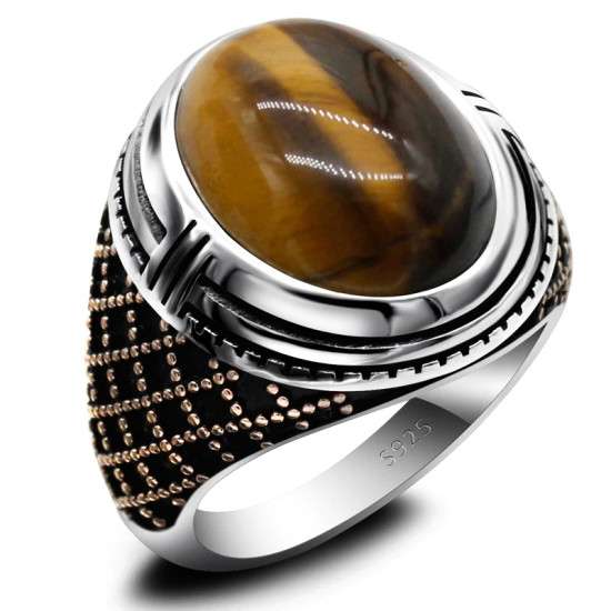 Anillo de Plata de Ley 925 para hombre, anillo clásico de Turquía, Vintage, Ojo de Tigre Natural, Dashi, anillo de plata para hombre con piedra - malaquita tienda 36