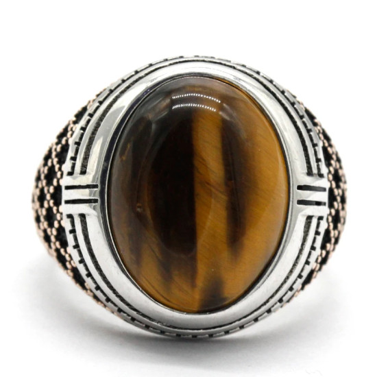 Anillo de Plata de Ley 925 para hombre, anillo clásico de Turquía, Vintage, Ojo de Tigre Natural, Dashi, anillo de plata para hombre con piedra - malaquita tienda 36