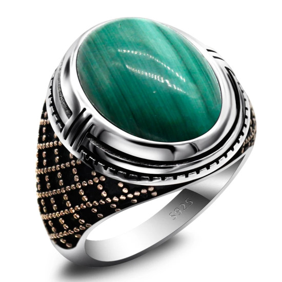 Joyería Türkiye, anillo hecho a mano para hombre, malaquita Natural, anillo de plata de ley s925, regalo de fiesta navideña para hombre - malaquita tienda 36