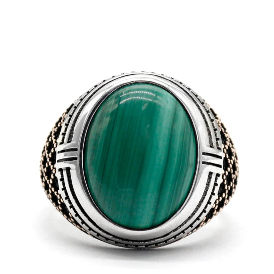 Joyería Türkiye, anillo hecho a mano para hombre, malaquita Natural, anillo de plata de ley s925, regalo de fiesta navideña para hombre - malaquita tienda 36