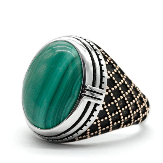 Joyería Türkiye, anillo hecho a mano para hombre, malaquita Natural, anillo de plata de ley s925, regalo de fiesta navideña para hombre - malaquita tienda 36