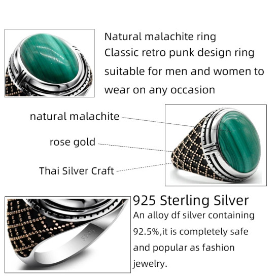 Joyería Türkiye, anillo hecho a mano para hombre, malaquita Natural, anillo de plata de ley s925, regalo de fiesta navideña para hombre - malaquita tienda 36