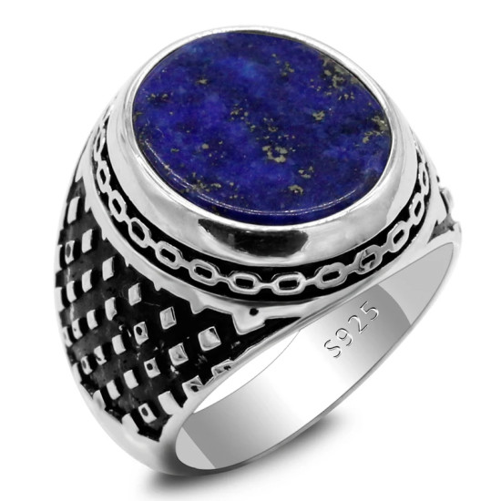 Anillos de plata de ley 925 para hombre, lapislázuli Natural, patrón de conexión prismática, anillos de estilo Punk para hombre, joyería turca - malaquita tienda 36
