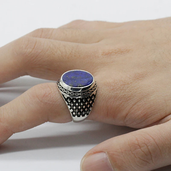 Anillos de plata de ley 925 para hombre, lapislázuli Natural, patrón de conexión prismática, anillos de estilo Punk para hombre, joyería turca - malaquita tienda 36