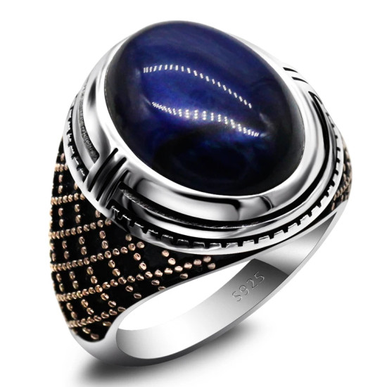 Anillo de plata de ley S925 para hombre, Ojo de Tigre azul Natural, regalo hecho a mano, joyería de vacaciones de estilo Punk tmurkiye - malaquita tienda 36