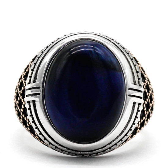 Anillo de plata de ley S925 para hombre, Ojo de Tigre azul Natural, regalo hecho a mano, joyería de vacaciones de estilo Punk tmurkiye - malaquita tienda 36