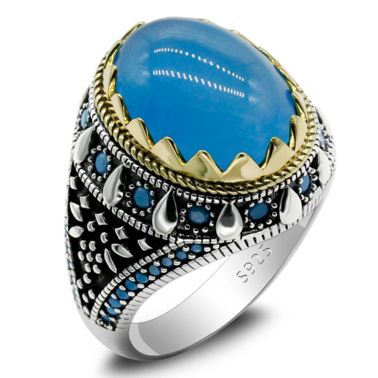 Anillos de plata de ley 925 para hombre y mujer, joyería turca, piedra de ónix Natural azul, Vintage, turquesa, Punk, a la moda - malaquita tienda 36