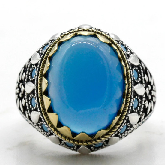 Anillos de plata de ley 925 para hombre y mujer, joyería turca, piedra de ónix Natural azul, Vintage, turquesa, Punk, a la moda - malaquita tienda 36