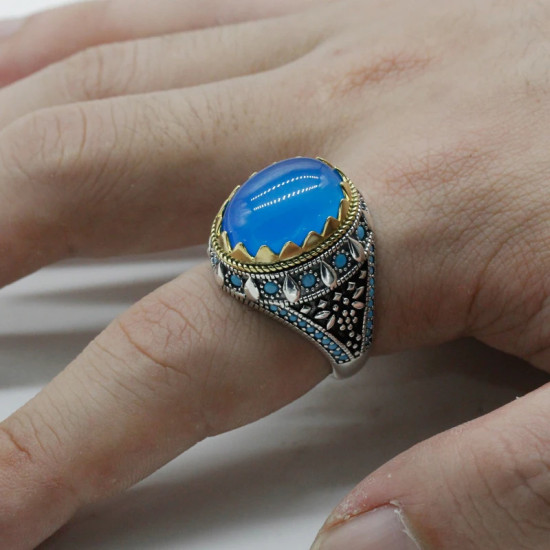 Anillos de plata de ley 925 para hombre y mujer, joyería turca, piedra de ónix Natural azul, Vintage, turquesa, Punk, a la moda - malaquita tienda 36