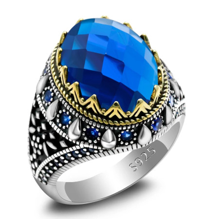 Anillo de plata de ley S925 para hombre, joyería hecha a mano de circonita azul, estilo Punk, regalo de San Valentín, regalo de aniversario Anillo de plata de ley S925 para hombre, joyería hecha a mano de circonita azul, estilo Punk, regalo de San Valentín, regalo de aniversario